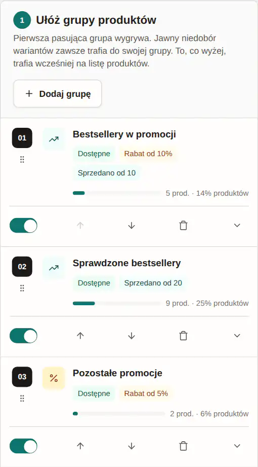 Panel GrowSort z ustawieniem „Zrównoważona sprzedaż”