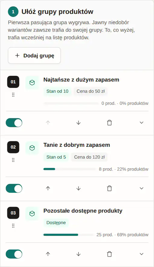 Panel GrowSort z ustawieniem „Tanie i na stanie”