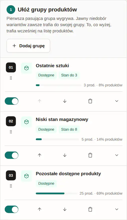 Panel GrowSort z ustawieniem „Czyszczenie magazynu”
