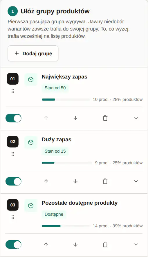 Panel GrowSort z ustawieniem „Dużo na stanie”
