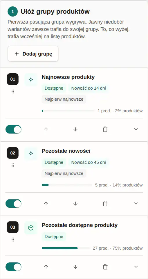Panel GrowSort z ustawieniem „Nowości z zapasem”