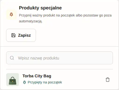 Panel GrowSort z ustawieniem „Przypięty produkt”