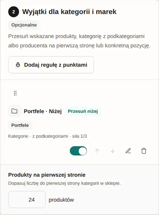 Panel GrowSort z ustawieniem „Kategoria niżej”