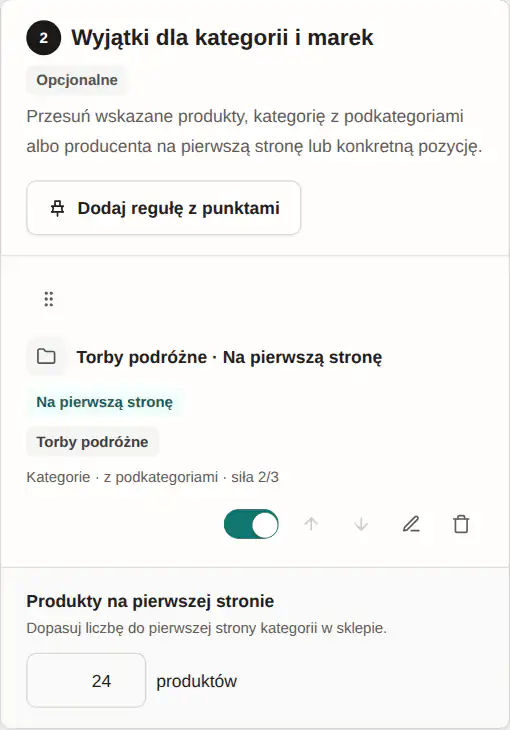 Panel GrowSort z ustawieniem „Kategoria na pierwszą stronę”