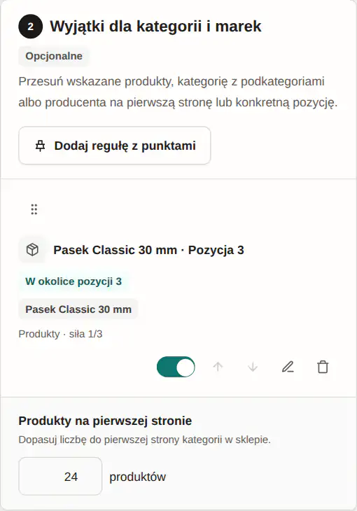 Panel GrowSort z ustawieniem „Produkt na wskazane miejsce”
