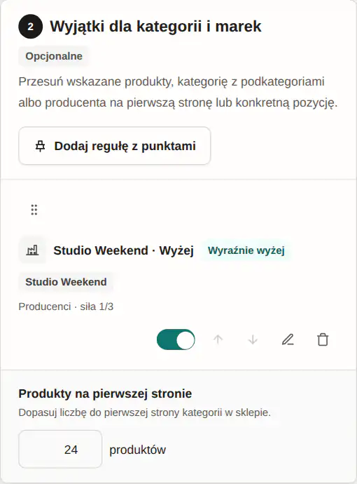 Panel GrowSort z ustawieniem „Marka wyżej”