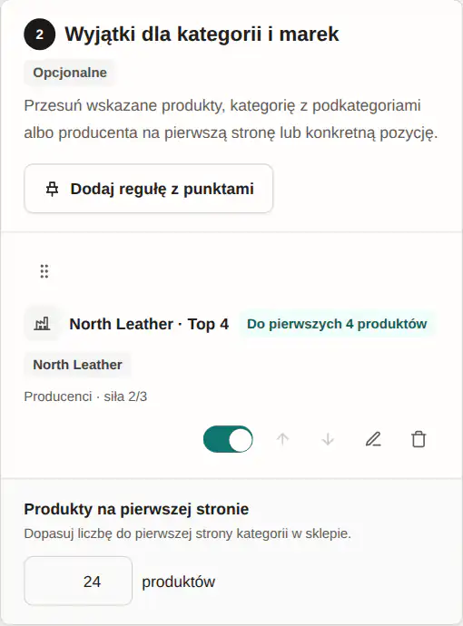 Panel GrowSort z ustawieniem „Marka w pierwszych czterech”