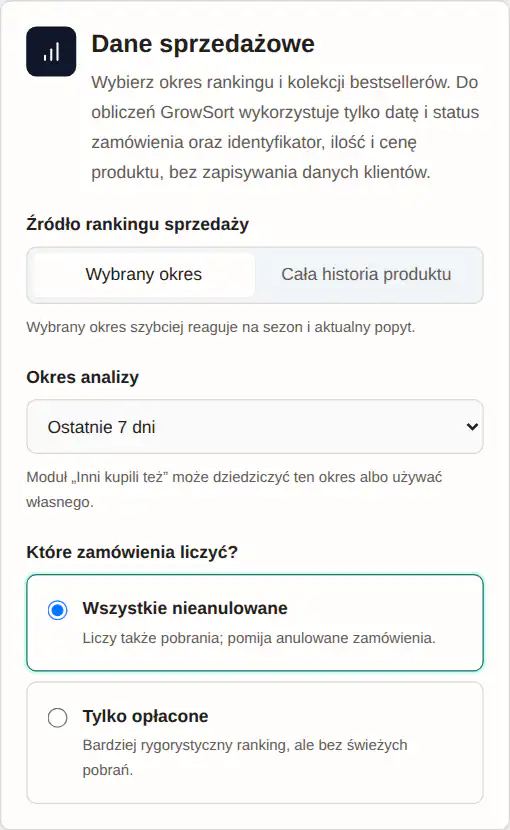 Panel GrowSort z ustawieniem „Sprzedaż z ostatnich 7 dni”