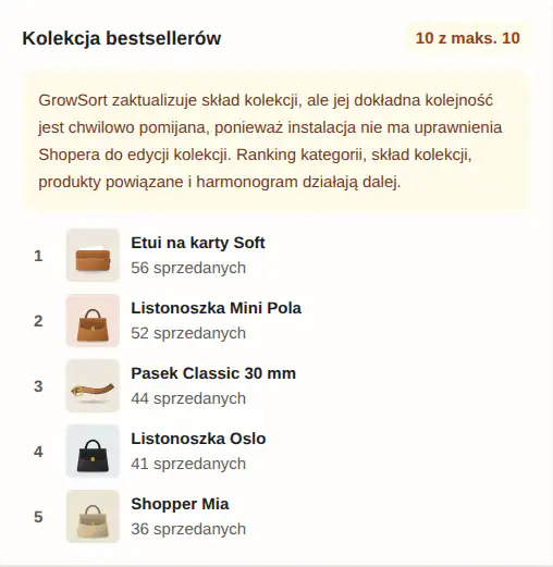 Panel GrowSort z ustawieniem „Kolekcja bestsellerów (Pro)”