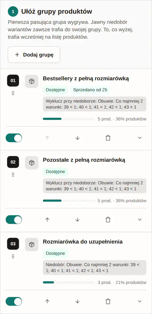 Panel GrowSort z ustawieniem „Niedobór rozmiarów”