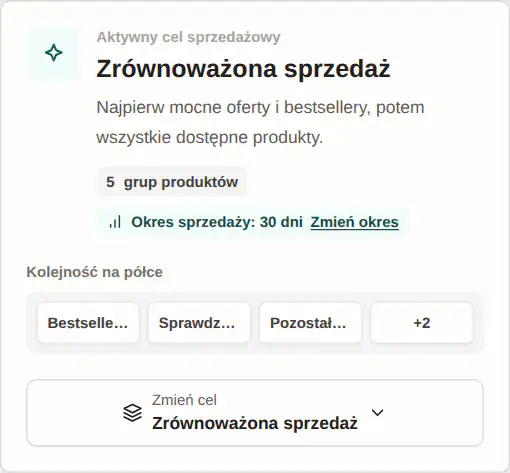 Panel GrowSort: aktywna strategia Zrównoważona sprzedaż, jej pięć grup i przycisk zmiany celu